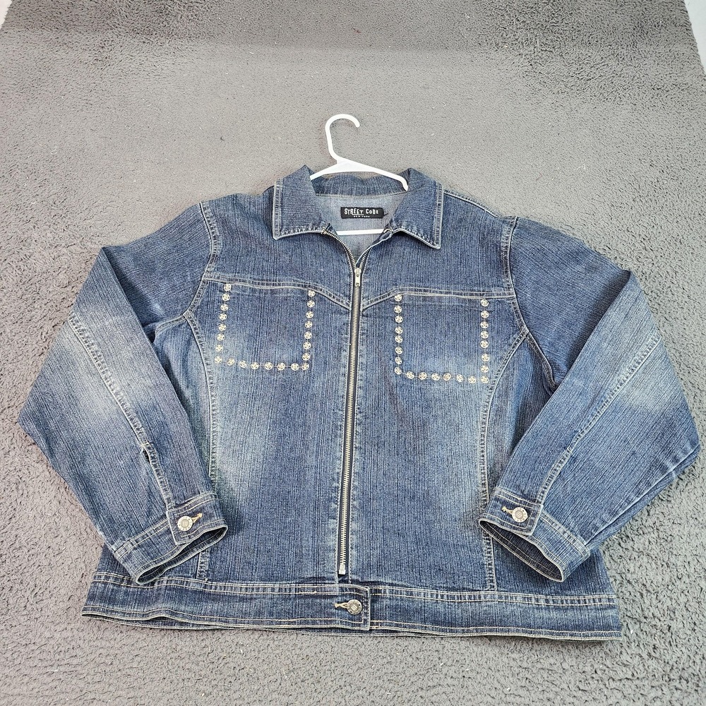 Street Code Jacket Womens 2X Blue Denim Rhinestone Studded Zip Back Graphic